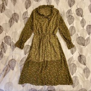 Green Floral Long Sleeve Midi Dress